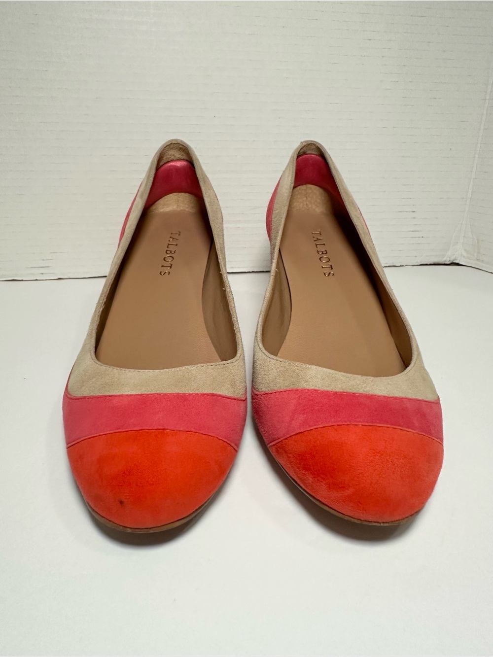 Talbots Women’s Orange Pink Beige Suede Stripe Retro Almond Toe Heel Pump-Size 8 - Picture 9 of 11